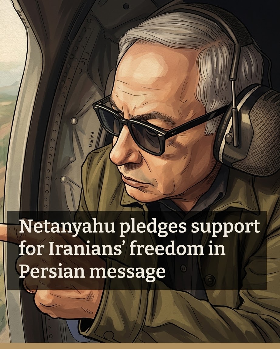 An image of Benjamin Netanyahu with headphones, accompanied by the text "Netanyahu pledges support for Iranians' freedom in Persian message"