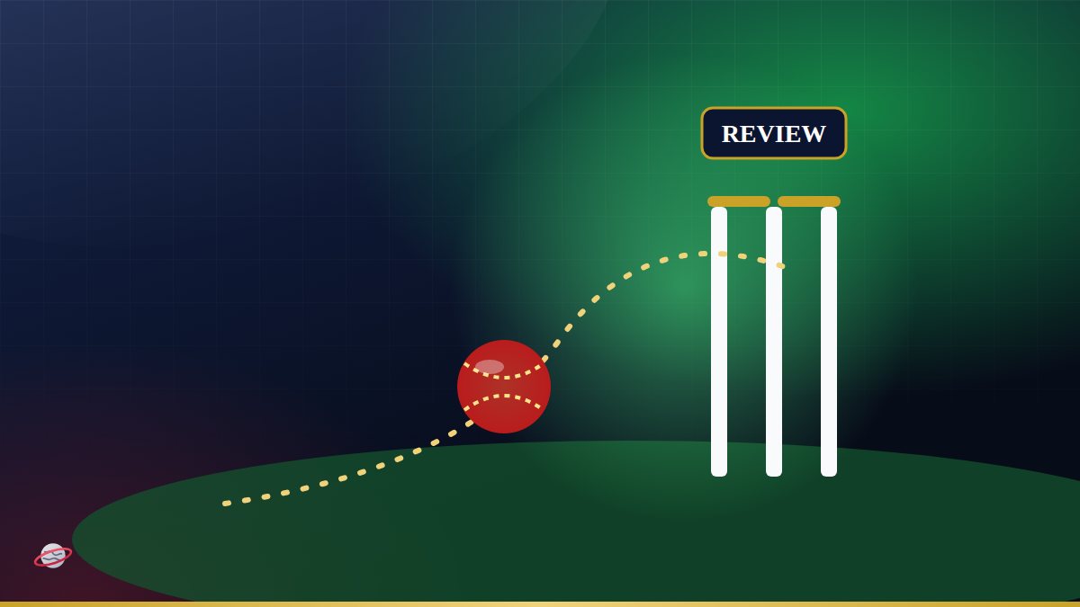 Illustration of cricket stumps and a ball with a ball-tracking path line