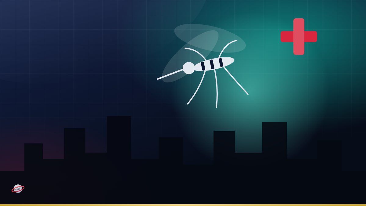 Illustration of a mosquito silhouette over a city skyline at dusk with a health cross